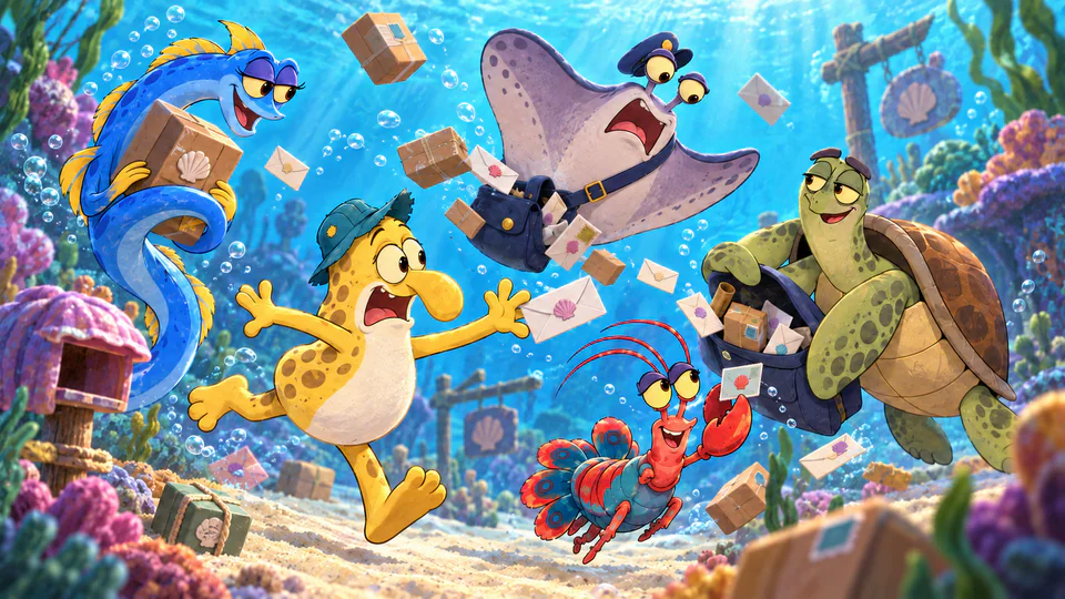 Doopi, Luma, Kiki and Moss helping Ray catch parcels swirling across the reef