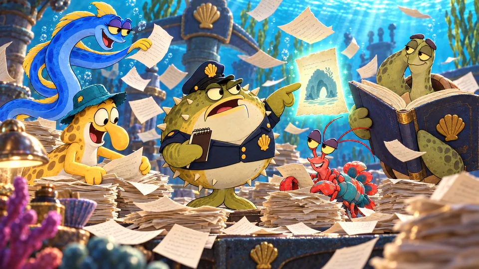 Doopi, Luma, Kiki and Moss helping Sergeant Puff search his enormous rulebook