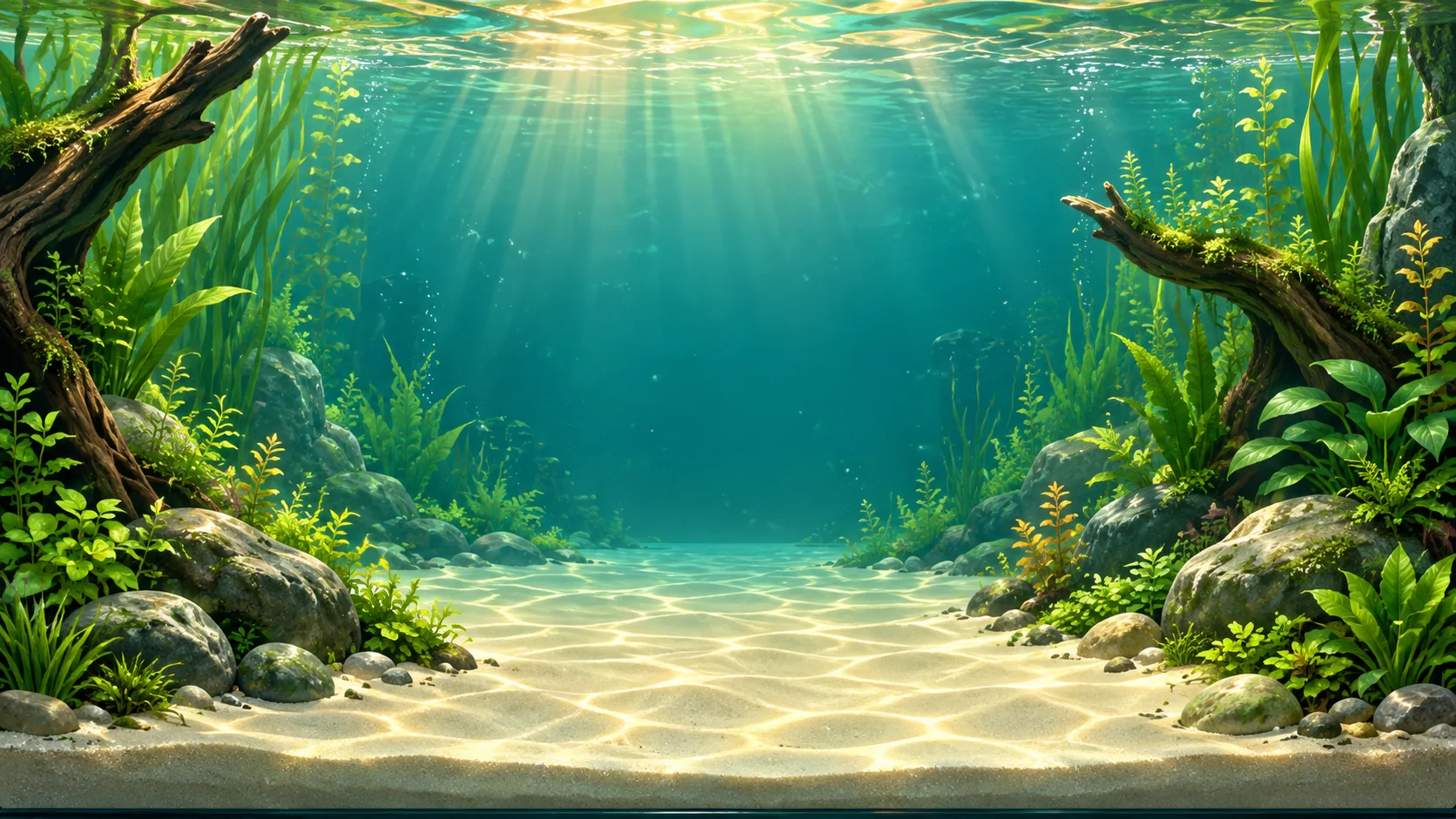 An illustrated freshwater aquarium with plants and open swimming space